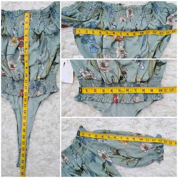 OffShoulder Bodysuit ASTR Lucy Size XS Sage Green Floral Smocked Ruffle Crop NWT - Picture 7 of 9